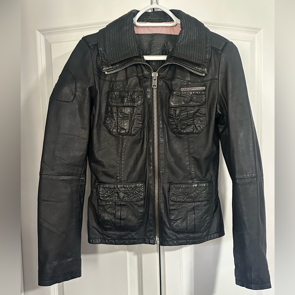 Superdry Women's Black Leather Jacket with Pockets